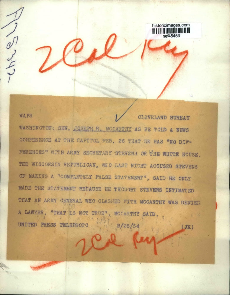 1954 Press Photo Joseph McCarthy Says He Has No Differences with Army Stevens