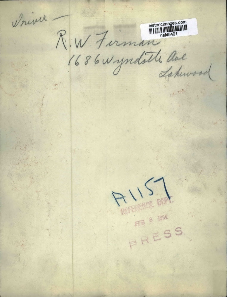 1934 Press Photo Driver R.W. Firman, Lakewood, Ohio - nef45491