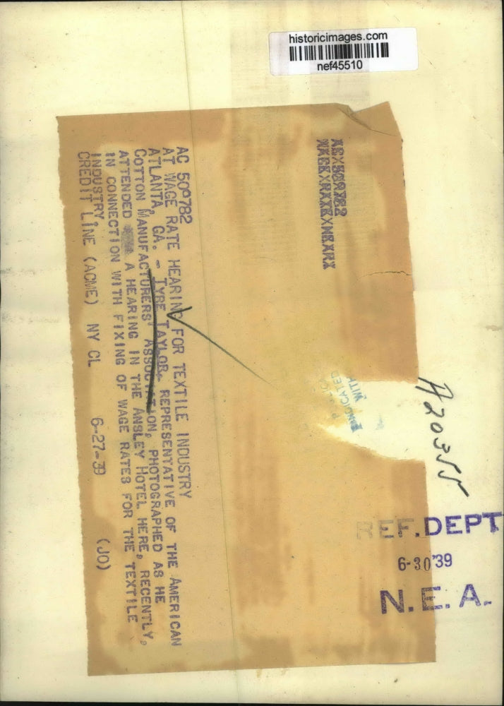 1939 Press Photo Tyre Taylor at Wage Rate Hearing, Ansley Hotel, Atlanta