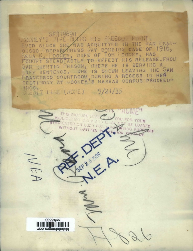 1935 Press Photo Rena K. Mooney Leaving San Francisco Courtroom - nef45533