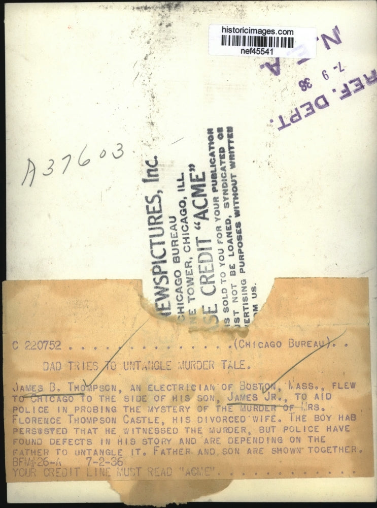 1938 Press Photo James B Thompson Flees to Chicago to the Side of Son James Jr