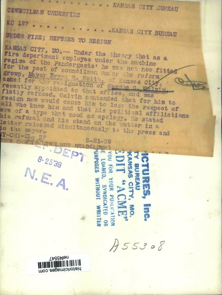 1939 Press Photo Mayor Bryce B Smith Asked Gerome G Calvin to Resign He Refused