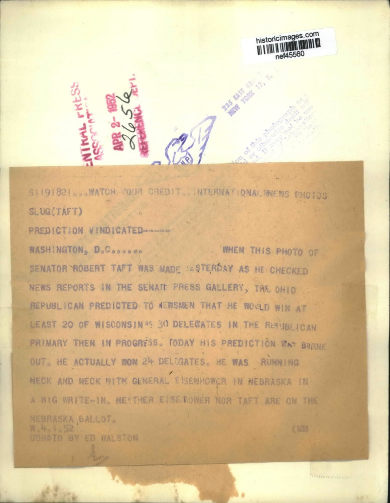 1952 Press Photo Senator Robert Taft Checking Election News Reports, Washington