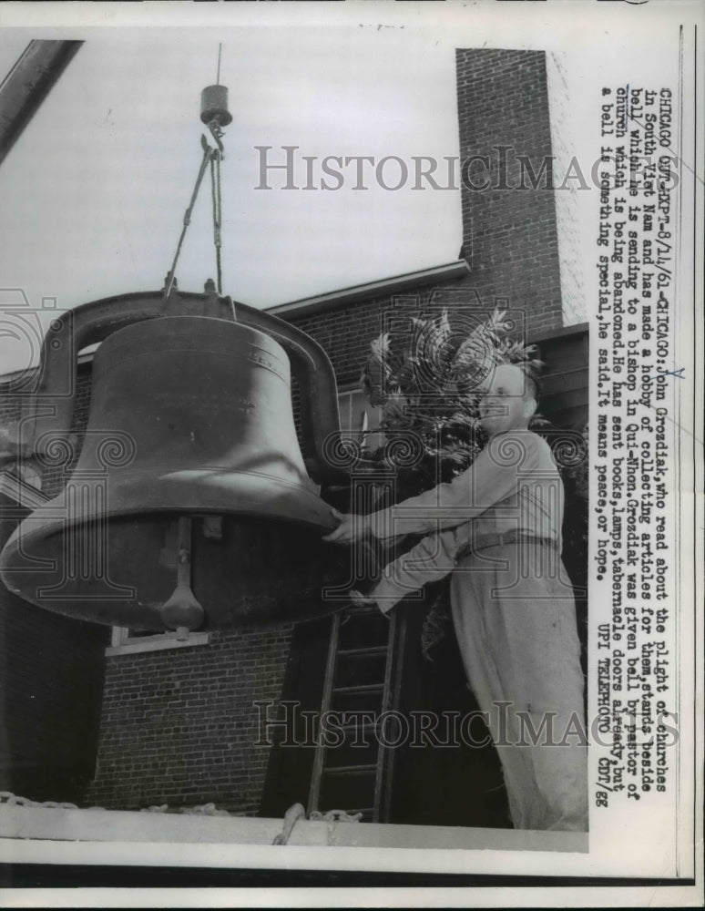 Load image into Gallery viewer, 1961 Press Photo John Grozdiak w Bell Being Sent to Vietnam church in Qui-Non
