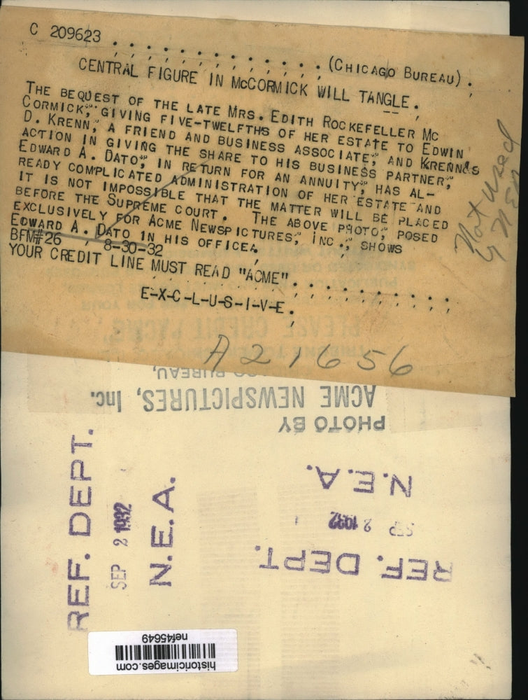 1932 Press Photo Edward Dato Who Should Receive a Portion of Rockefeller