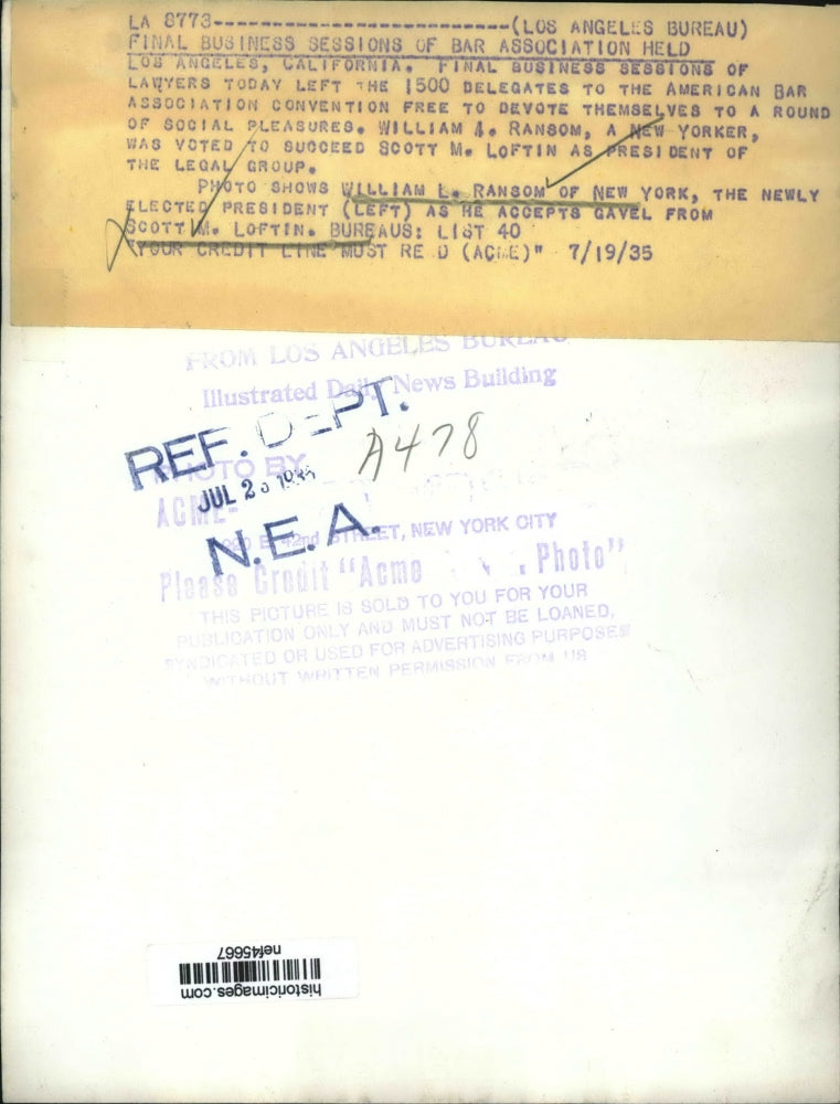 1935 Press Photo William Ransom New Pres of American Bar Assc & Scott Loftin