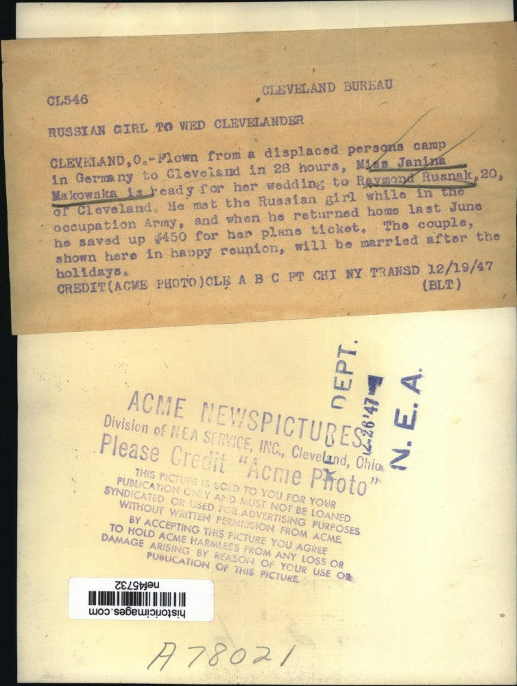 1947 Press Photo Miss Janina Makowska ready to wed Raymond Rusnak - nef45732