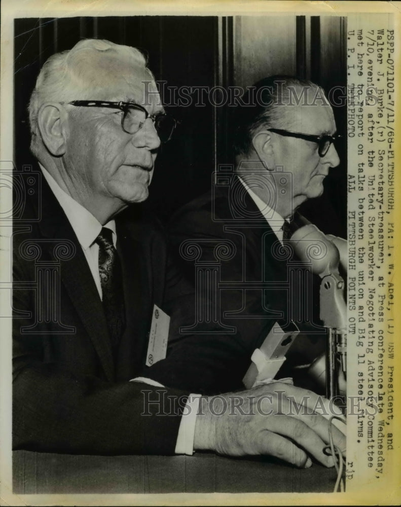 Load image into Gallery viewer, 1968 Press Photo I.W. Abel, Walter Burke of USW in Pittsburgh Press Conference
