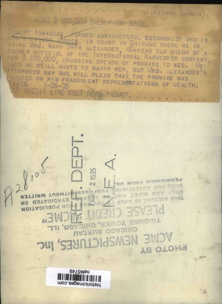 Load image into Gallery viewer, 1935 Press Photo Robert Isaacson asks $100,000 balm from Mary Byrn Alexander
