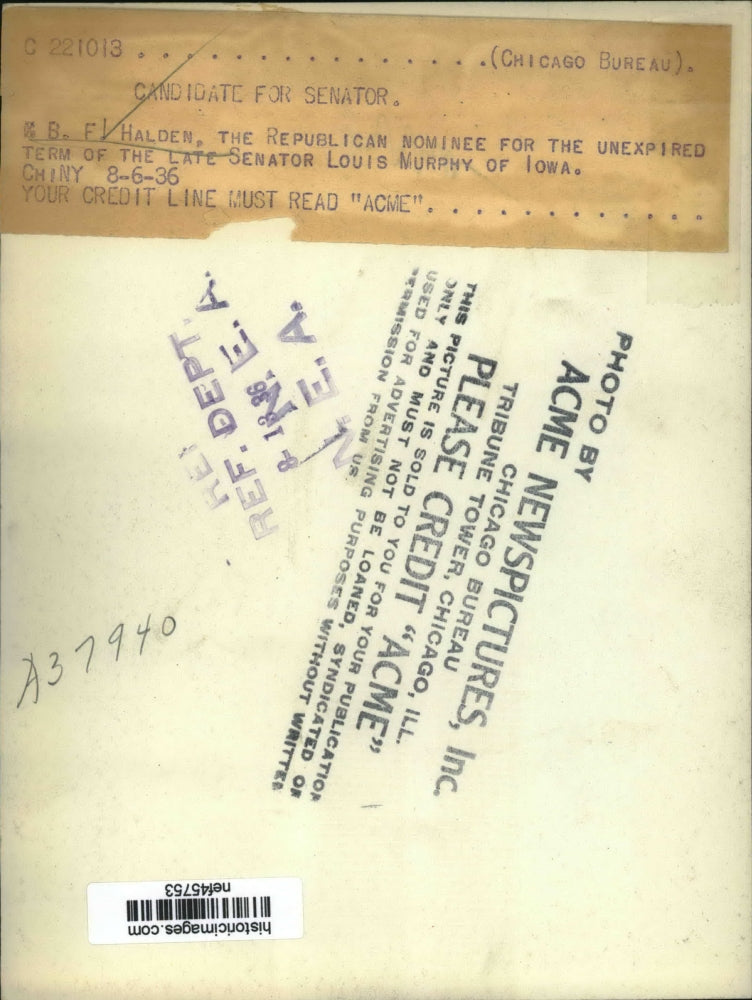 1936 Press Photo B.F. Halden, Republican nominee for Senator of Iowa - nef45753