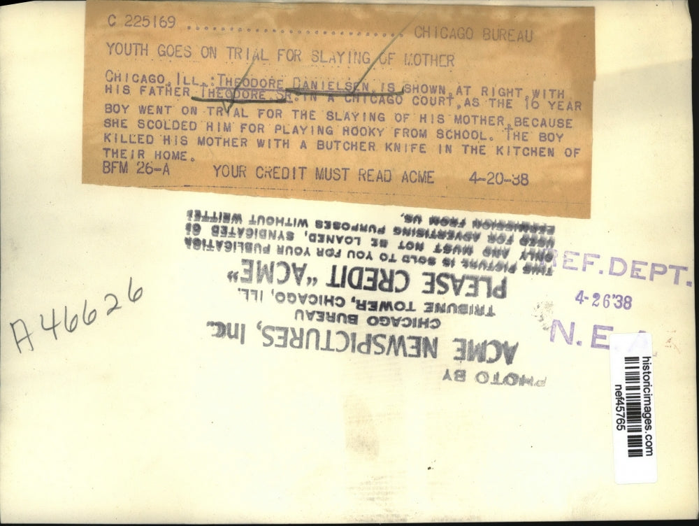 1938 Press Photo Theodore Danielsen with on trial for slaying of his mother