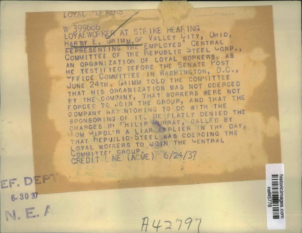 1937 Press Photo Harry E.Grimm representing the Employees Central Committee