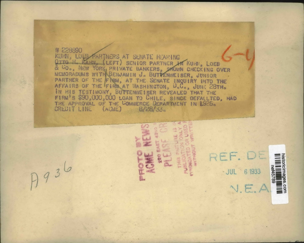 1933 Press Photo Otto H.Kahn Senoior partner in Loeb & Co at Senate Hearing