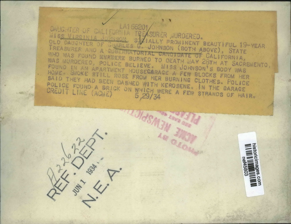 1934 Press Photo Virginia Johnson Found Burned to Death in Sacramento