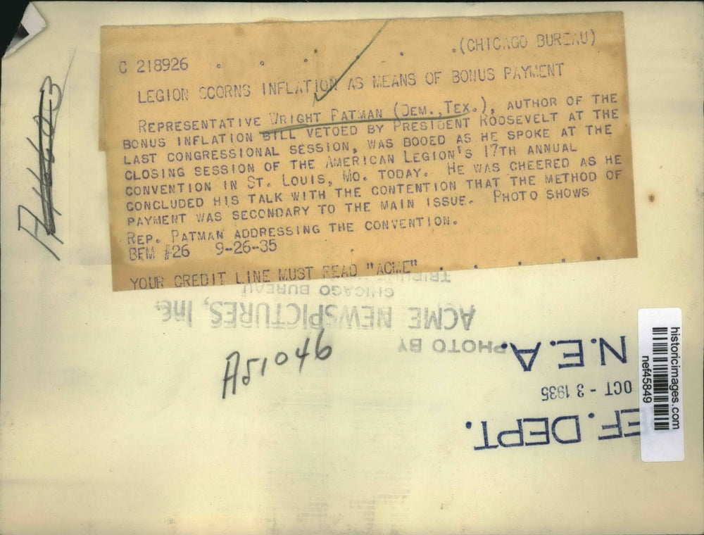 1935 Press Photo Wright Patman Booed as He Spoke at Closing Session of Legion's