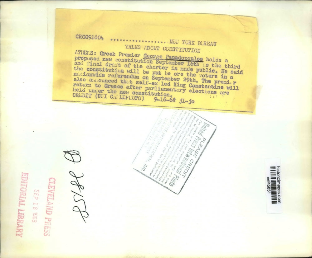 1968 Press Photo George Papadopoulos Holds New Constitution in Final Draft