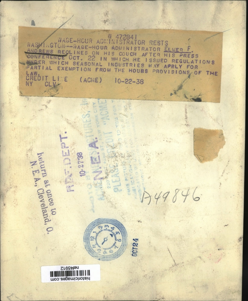 1938 Press Photo Elmer F Andrews Relaxes on His Sofa After Press Conference