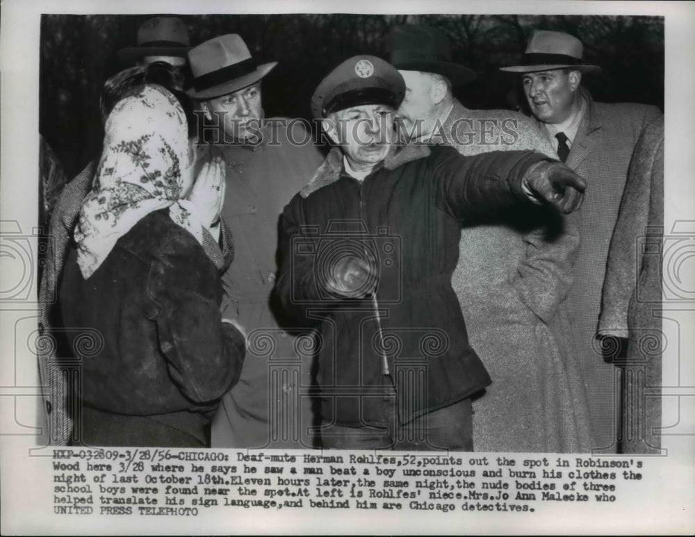 1956 Press Photo Witness Herman Rohlfee to Boys Beating, Robinson's Wood Chicago