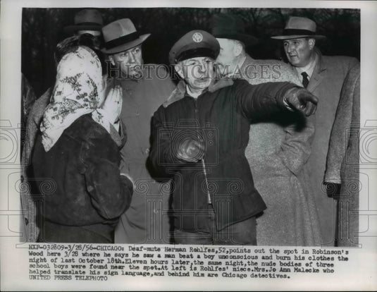 1956 Press Photo Witness Herman Rohlfee to Boys Beating, Robinson's Wood Chicago