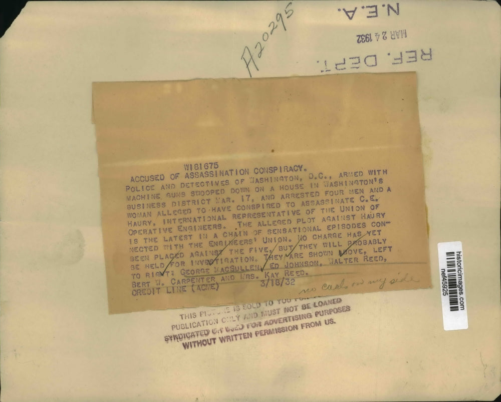 1932 Press Photo Suspects Arrested in C.E. Haury Assassination Plot, Washington