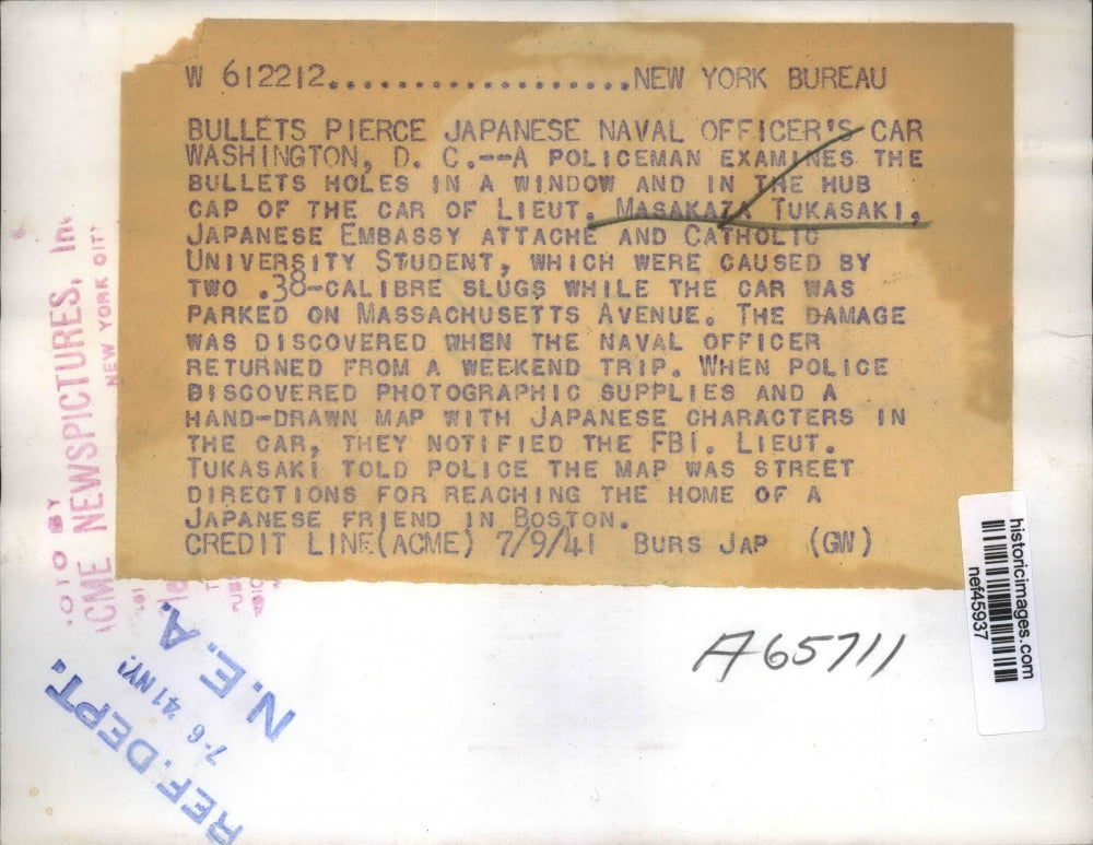 1941 Press Photo Car of Masakaza Tukasaki After Shooting, Washington, D.C.