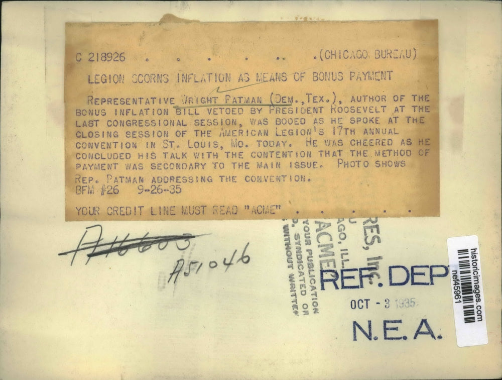 1935 Press Photo Wright Patman of Texas Speaks at American Legion Convention