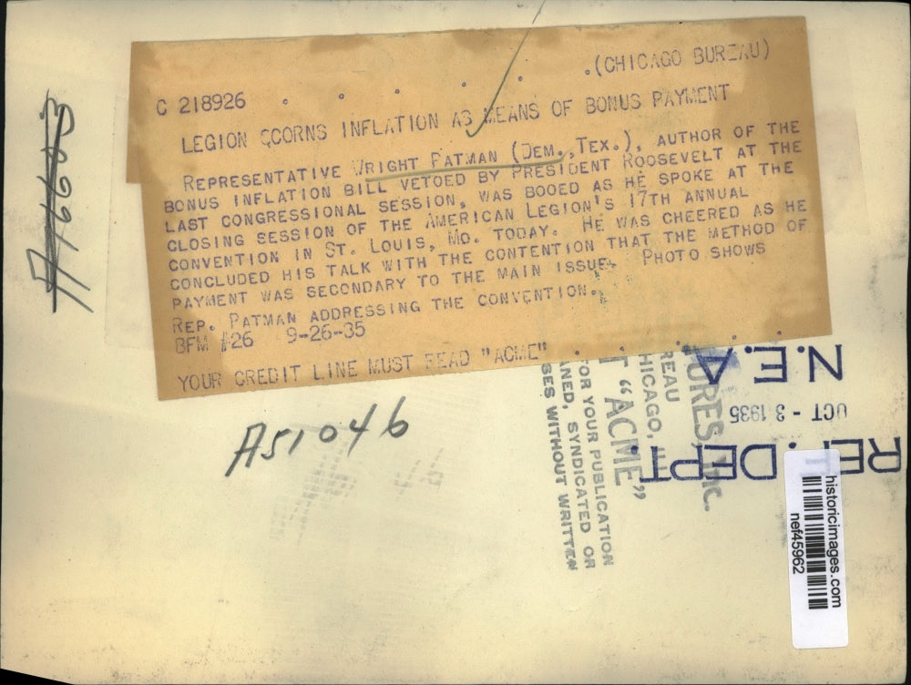 1935 Press Photo Wright Patman of Texas Speaks at American Legion Convention