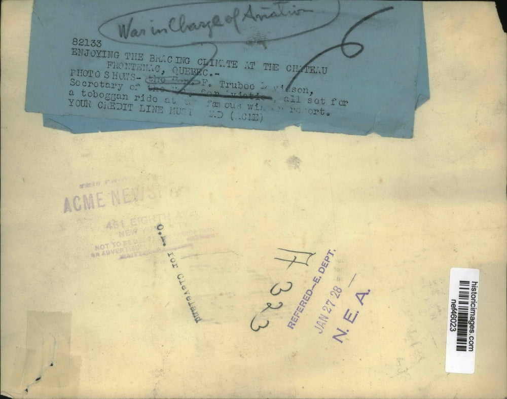 1928 Press Photo F. Trubee Davison at Chateau Frontenac, quebec, Canada