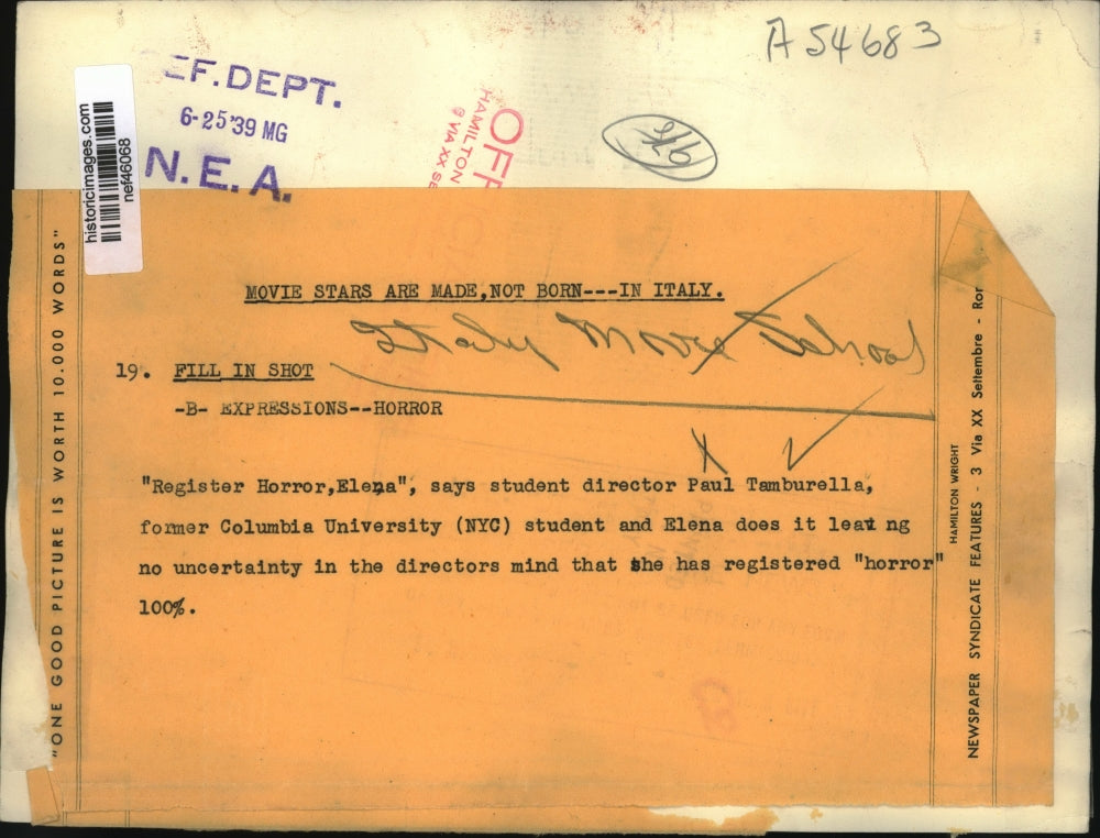 1939 Press Photo Paul Tamburella Directs Elena in Horror Expression, Italy