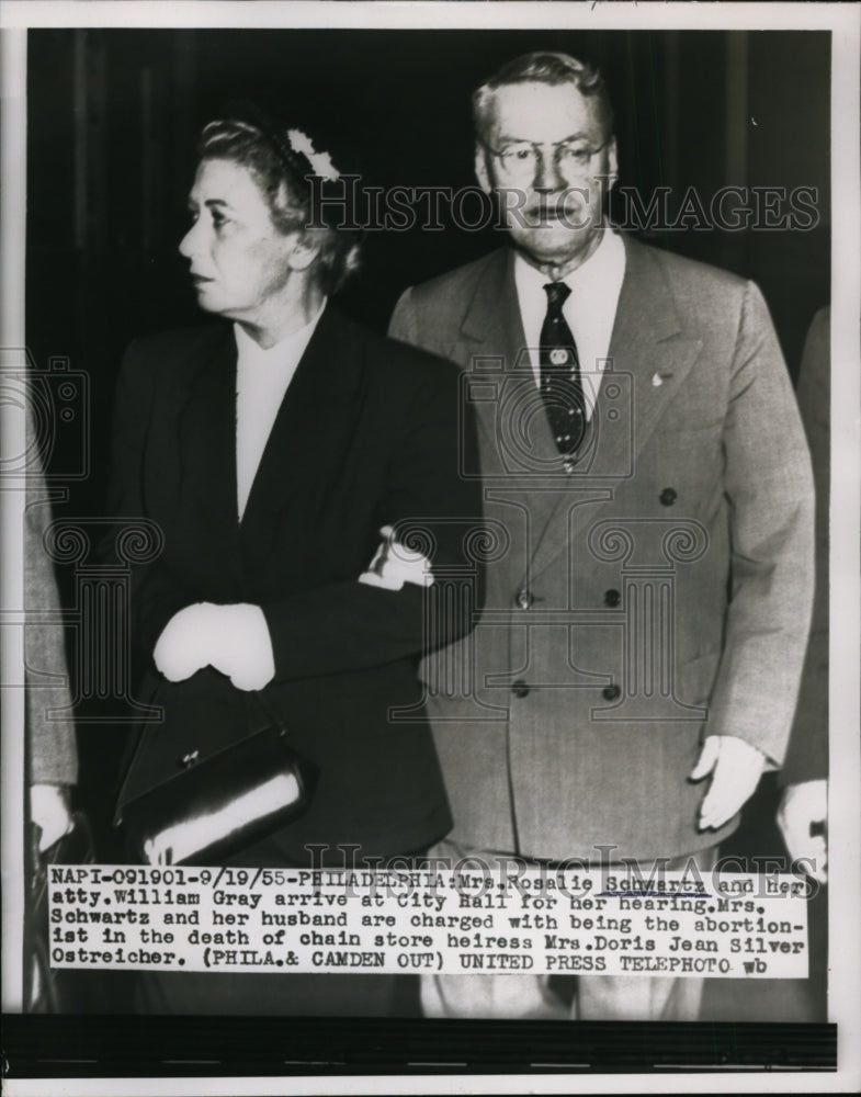 Load image into Gallery viewer, 1955 Press Photo Rosalie Schwartz &amp; Attorney at Hearing, Philadelphia
