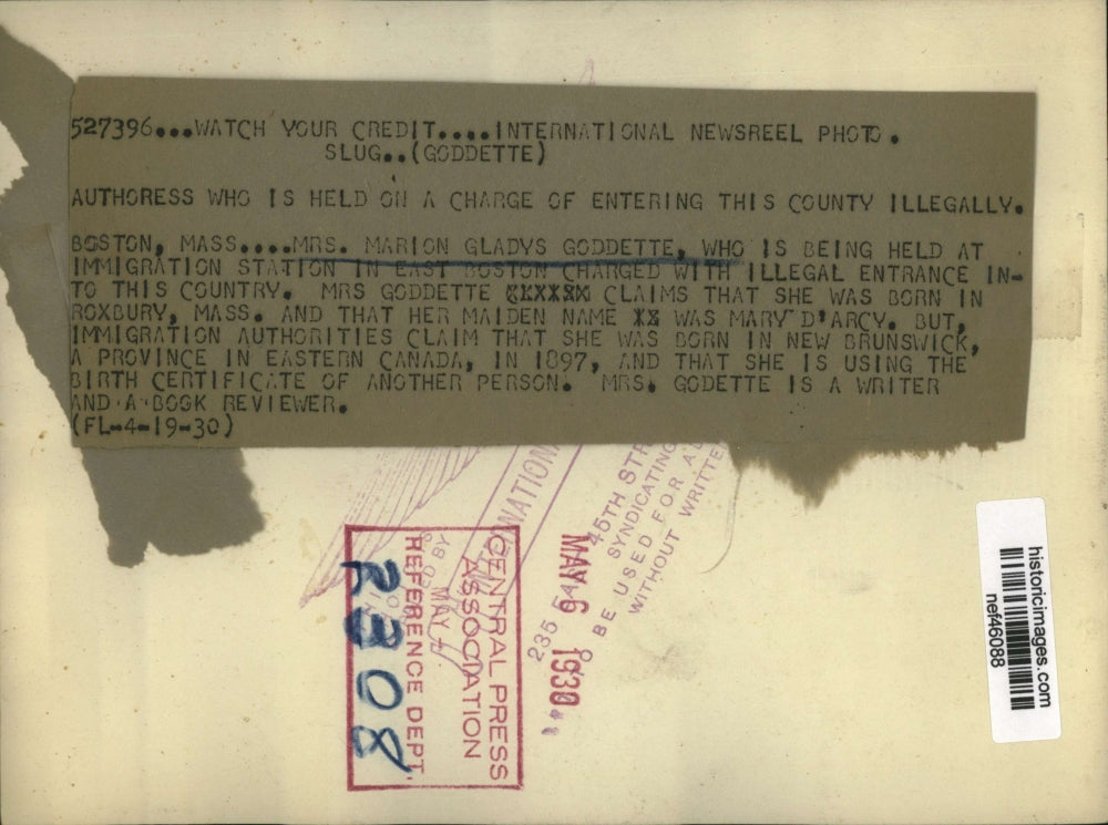 1930 Press Photo Marion Gladys Goddette, Charged w Illegal Immigration