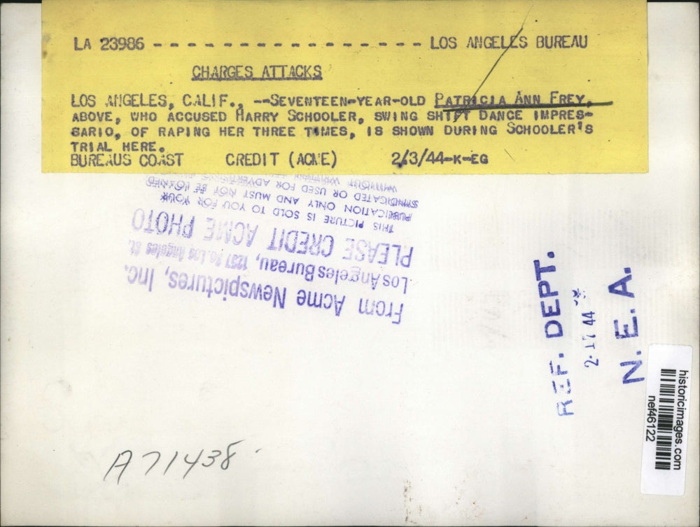 1944 Press Photo Patricia Ann Frey at Harry Schooler Trial, Los Angeles