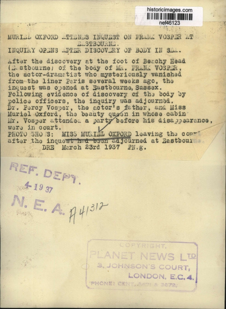1937 Press Photo Muriel Oxford Leaving Court, Eastbourne - nef46123