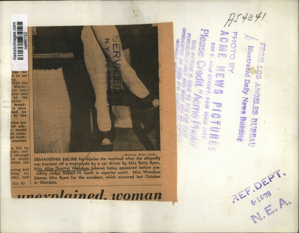 1939 Press Photo Alice Weodson demanding for injuries from Motorcycle accident