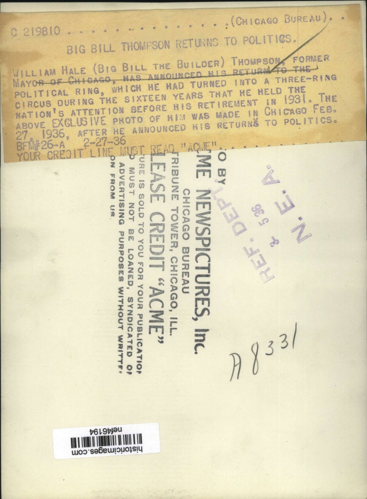 1936 Press Photo William Hale Former Mayor of Chicago Announced His Return