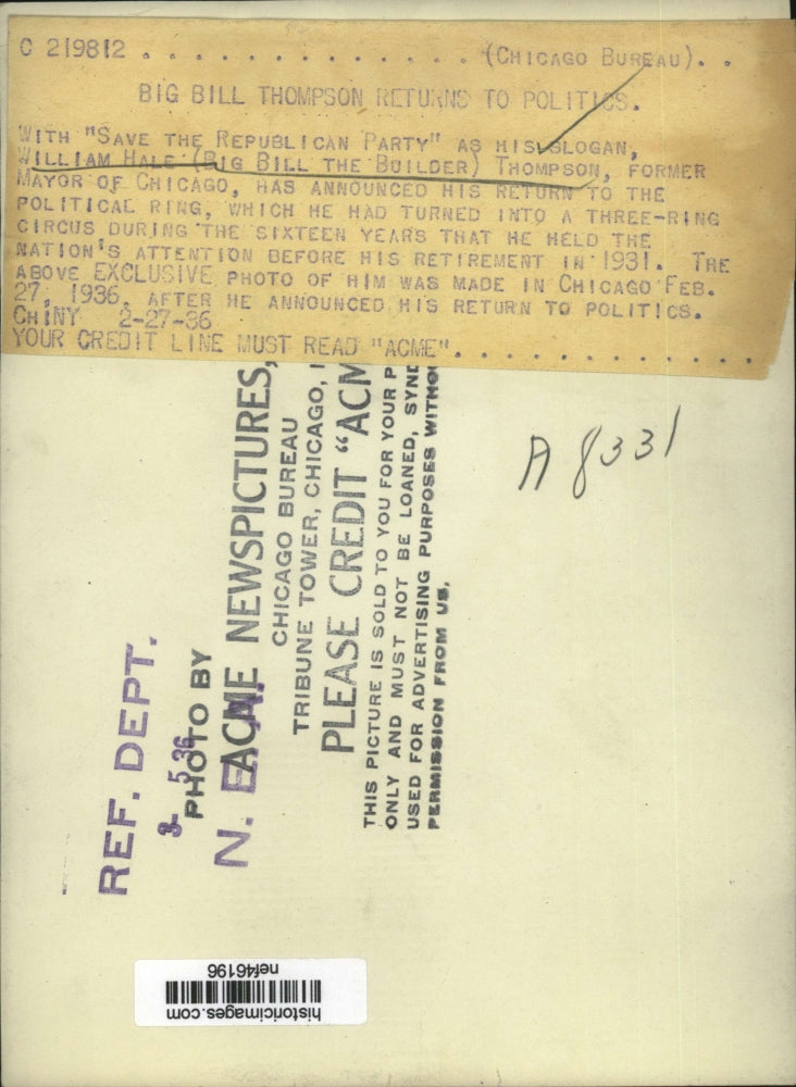 1936 Press Photo William Hale Former Mayor of Chicago Announced is Return