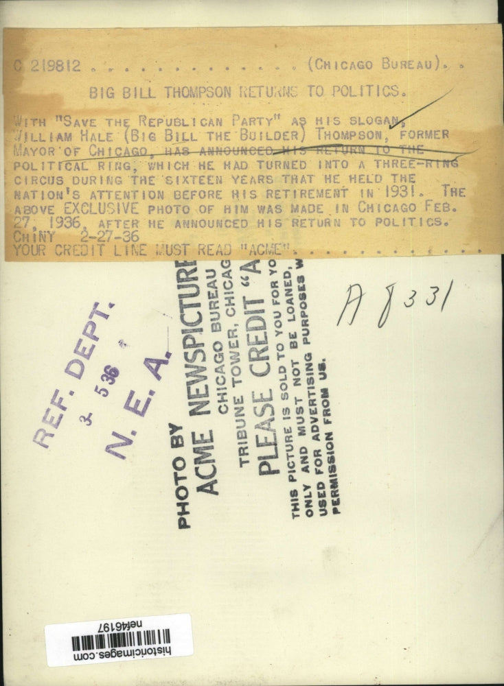 1936 Press Photo William Hale Former Mayor of Chicago Announced His Return