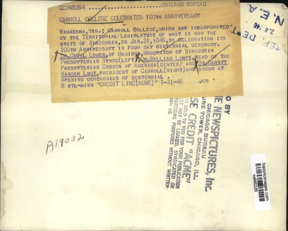 1946 Press Photo Carroll College Celebrating 100th Anniversary in 4-Day Ceremony