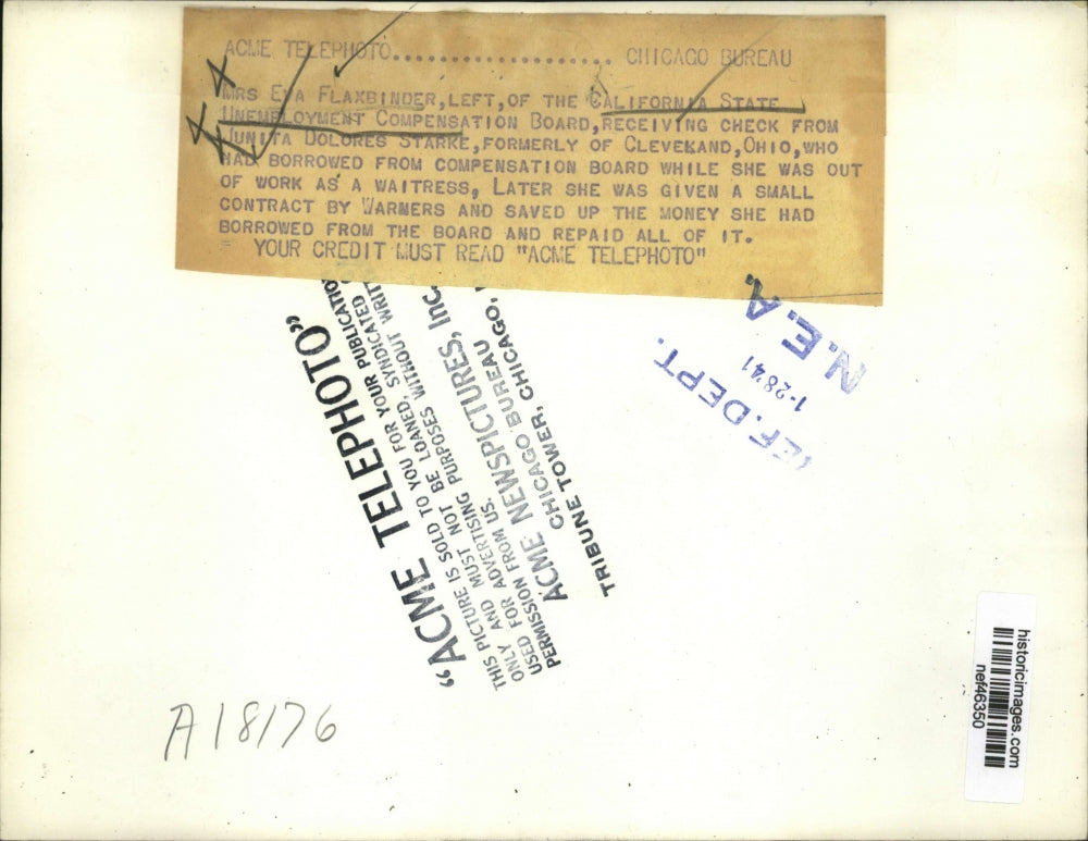 1941 Press Photo Mrs.Eva Flaxbinder of Calif State Unemployment Compensation