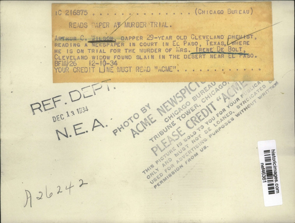 1934 Press Photo Arthur C.Wilson Cleveland Chemist on trial for Murder Case