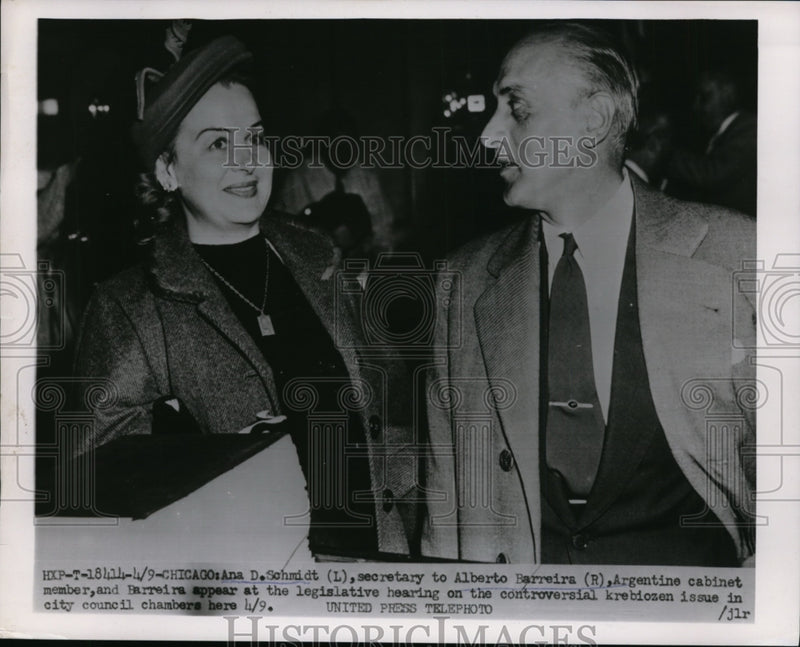 Load image into Gallery viewer, 1953 Press Photo Alberto Barreira, and his secretary Ana Schmidt at a hearing
