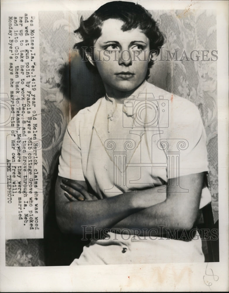 1949 Press Photo Helen Herrick was woed and wed at gun point by Francis Byers