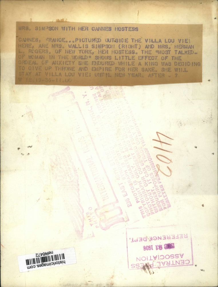 1935 Press Photo Mrs Wallis Simpson, Mrs Herman Rogers at Villa Lou Viei, Cannes