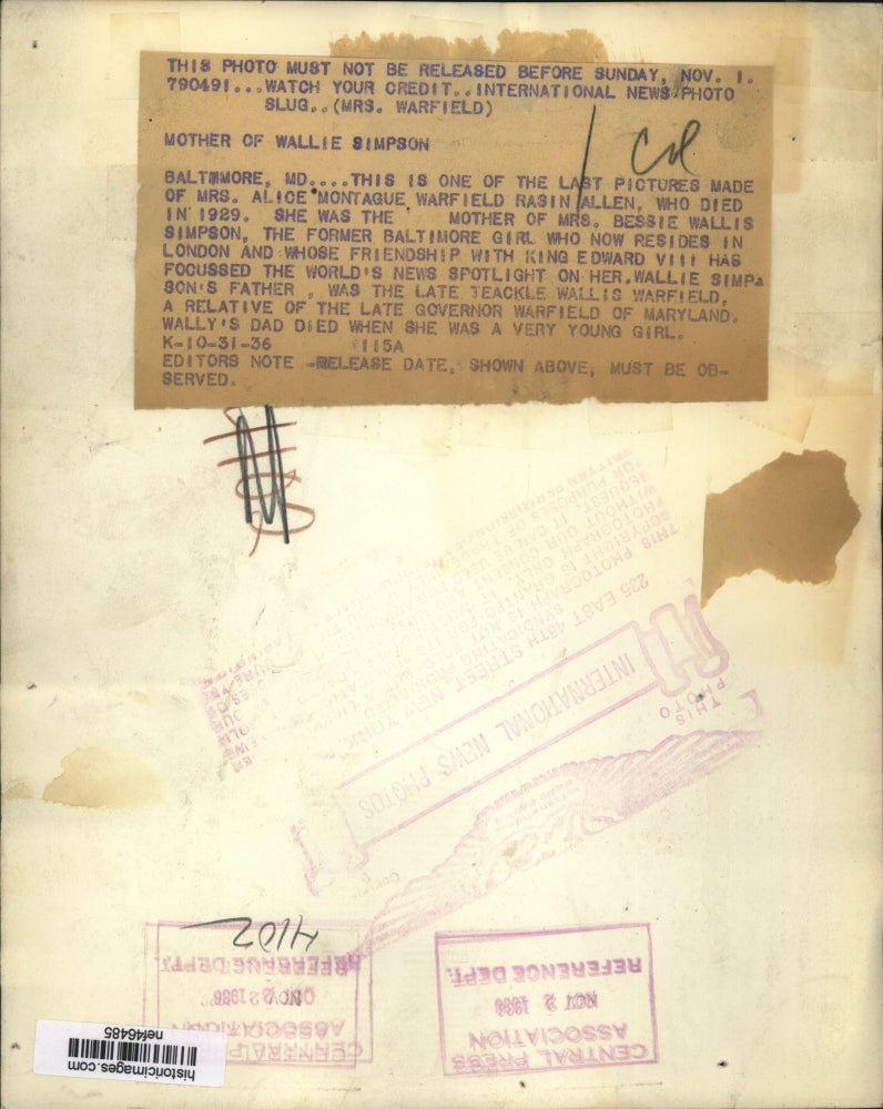 1936 Press Photo Mrs Alice Montague Warfielld Rasin Allen dies - nef46485