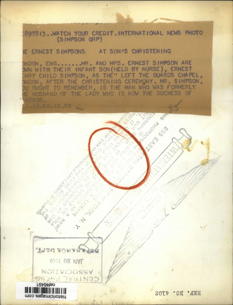 1940 Press Photo Mr and Mrs Earnest Simpson at their infant sons christening