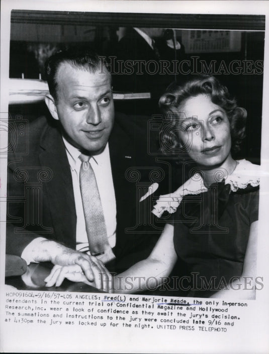 1957 Press Photo Fred and Marjorie Meade wear a look of confidence during trial