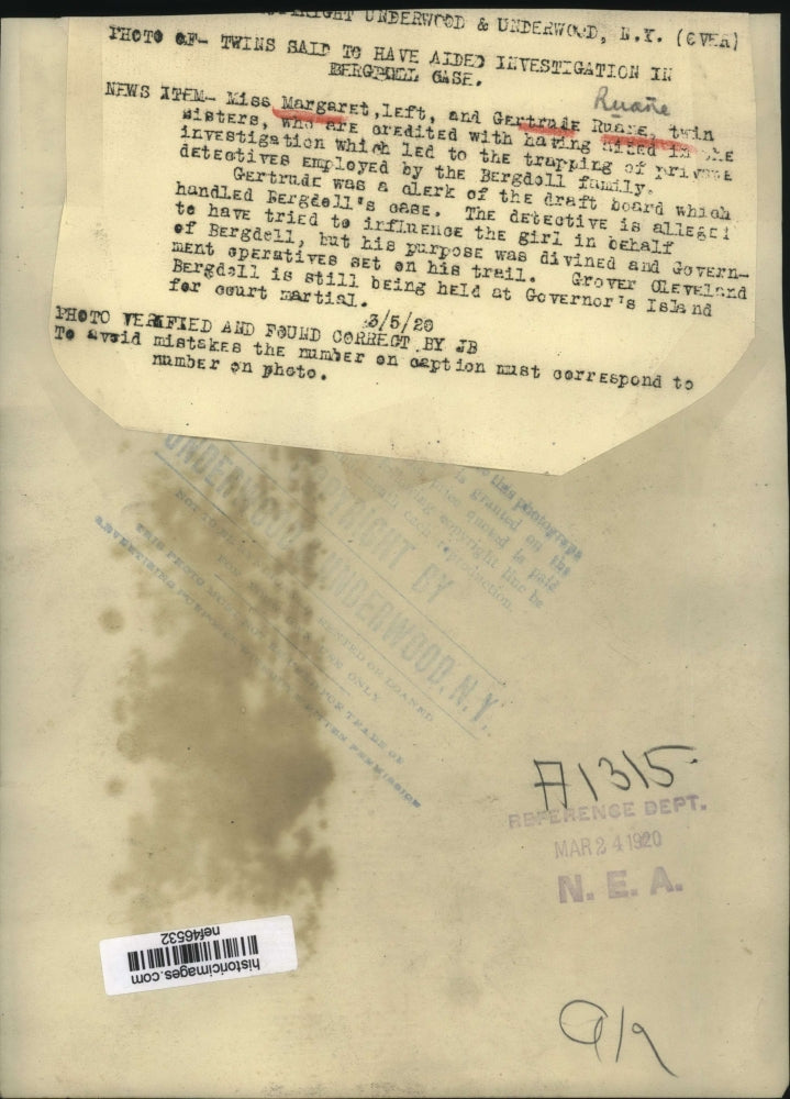 1920 Press Photo Ruane twins said to have aided investigation in Bergdoll case