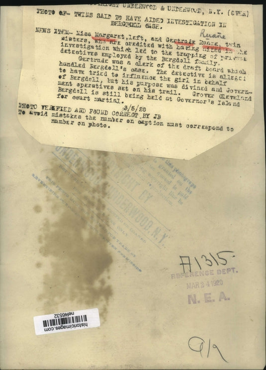 1920 Press Photo Ruane twins said to have aided investigation in Bergdoll case