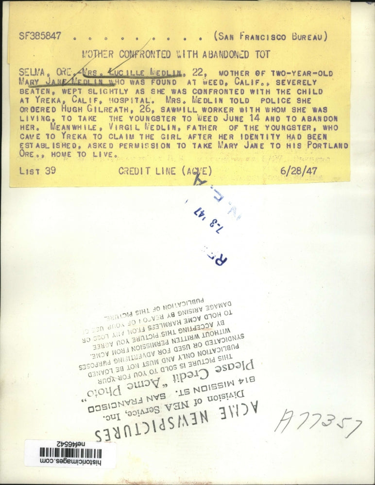 1947 Press Photo Lucille Medlin mother of Mary Jane who was found beaten in CA