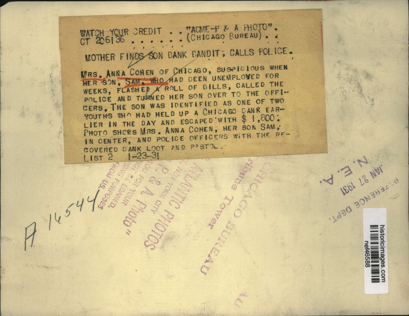 Load image into Gallery viewer, 1931 Press Photo Mrs.Anna Cohen finds son Sam Cohen a Bank Bandit - nef46588
